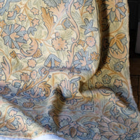 corner shot of a William Morris inspired Arts and Crafts chain stitch tapestry wall hanging textile panel