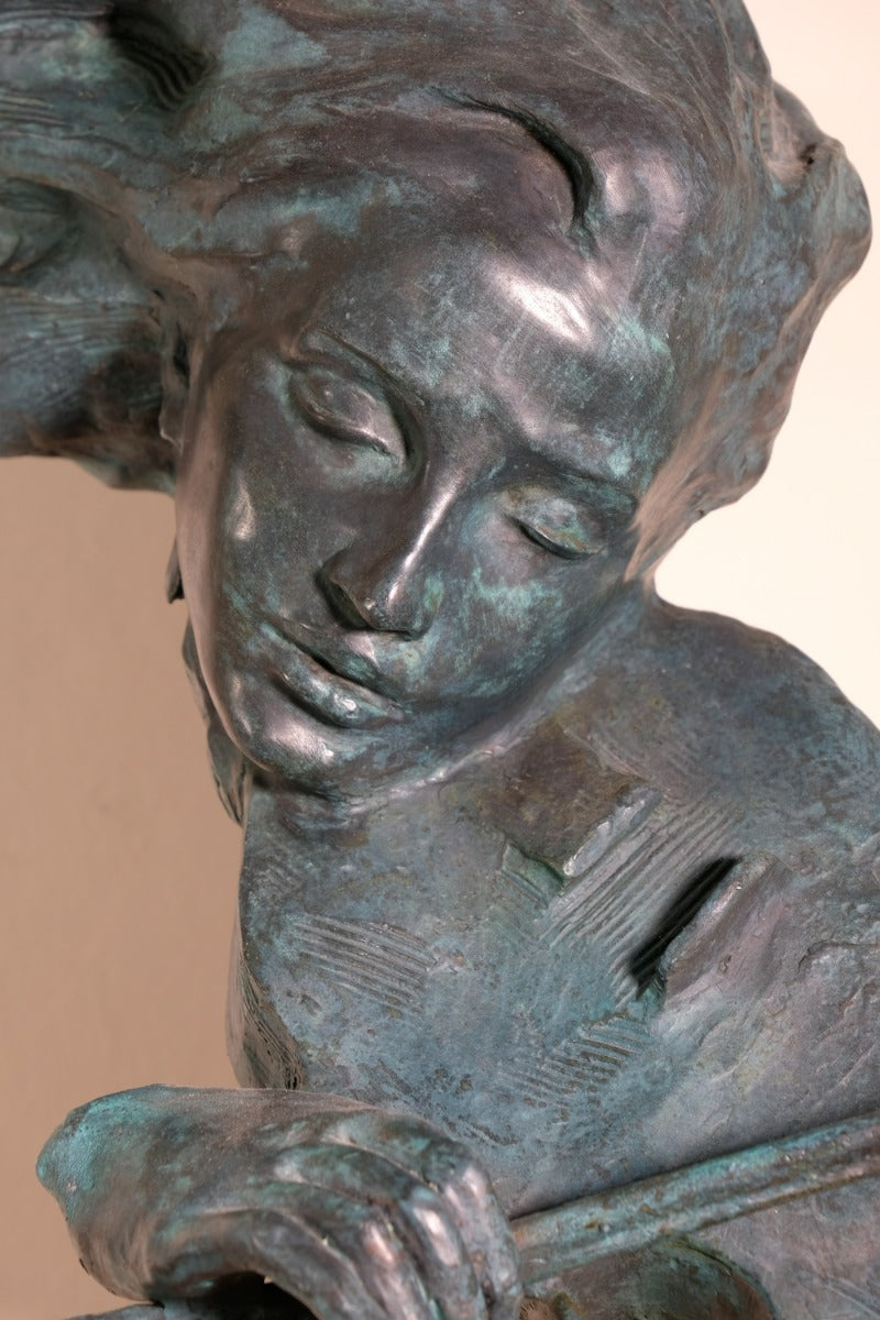 Large Bronze Sculpture Of A Lady Violin Player With A Verdigris Patination