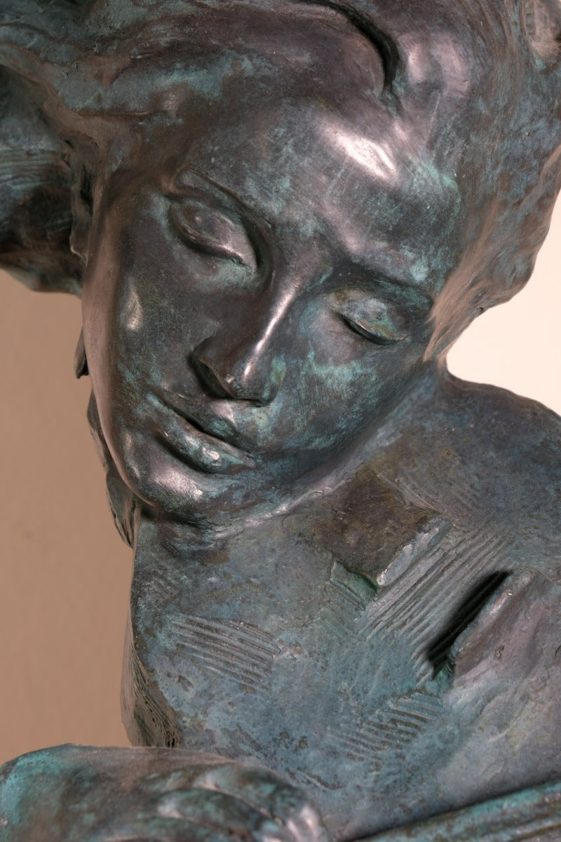 Large Bronze Sculpture Of A Lady Violin Player With A Verdigris Patination