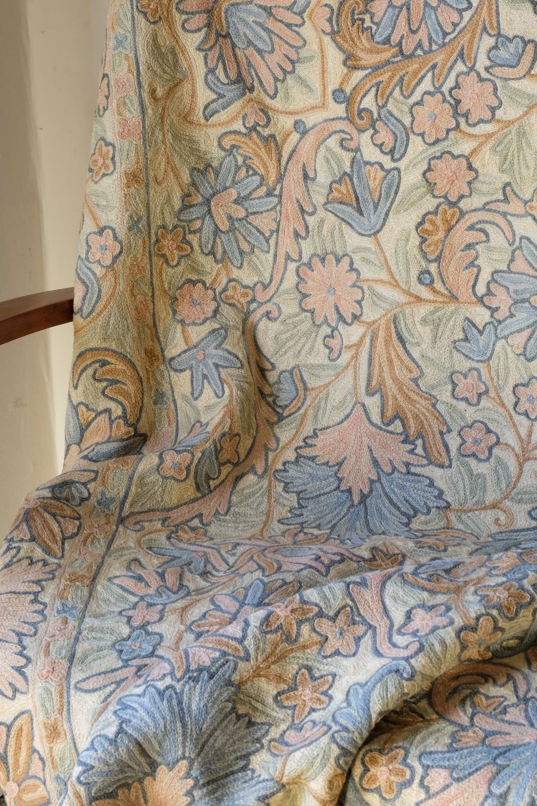 Exploring the pattern on a William Morris inspired Arts and Crafts chain stitch tapestry wall hanging textile panel 
