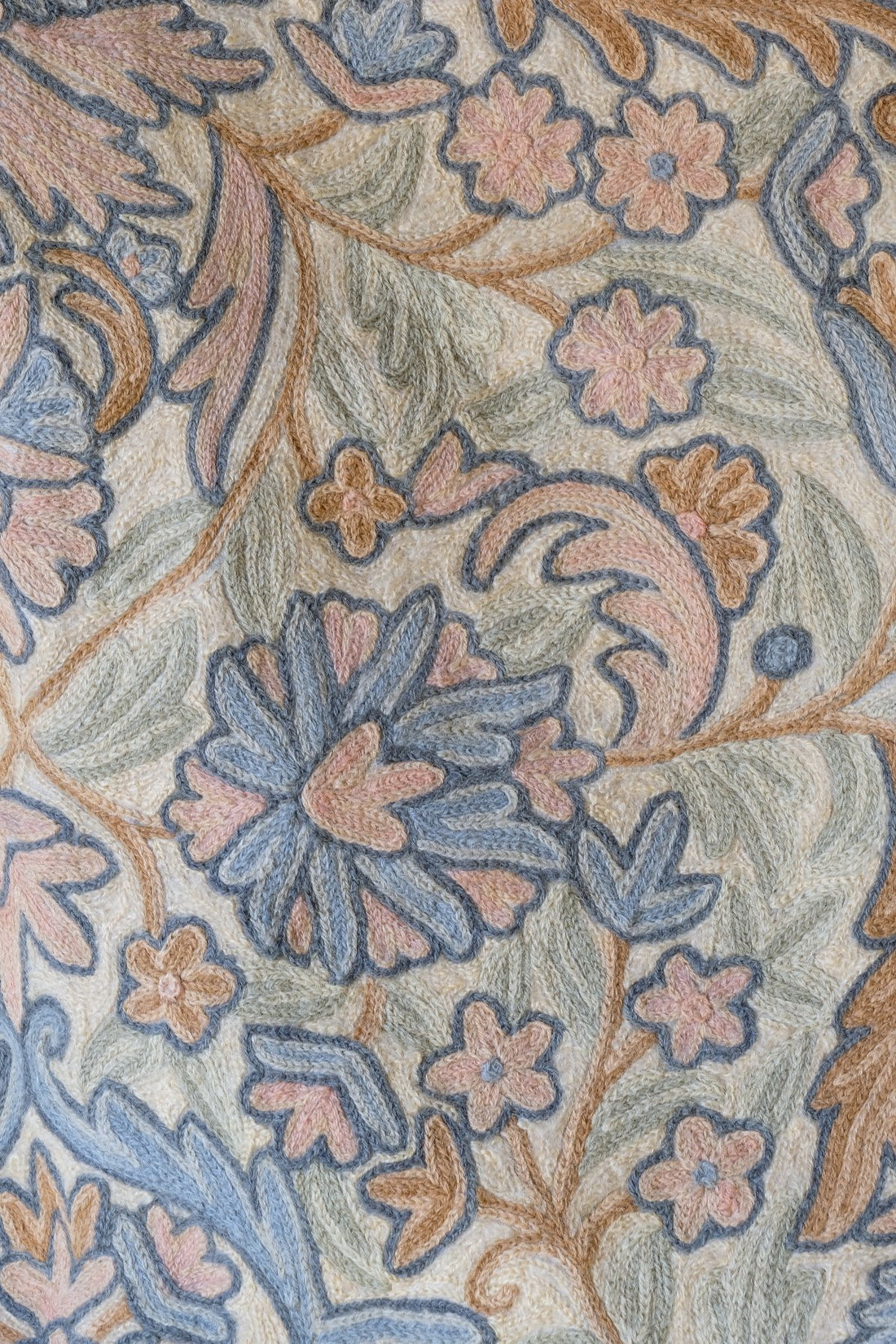 close up of a William Morris inspired Arts and Crafts chain stitch tapestry wall hanging textile panel