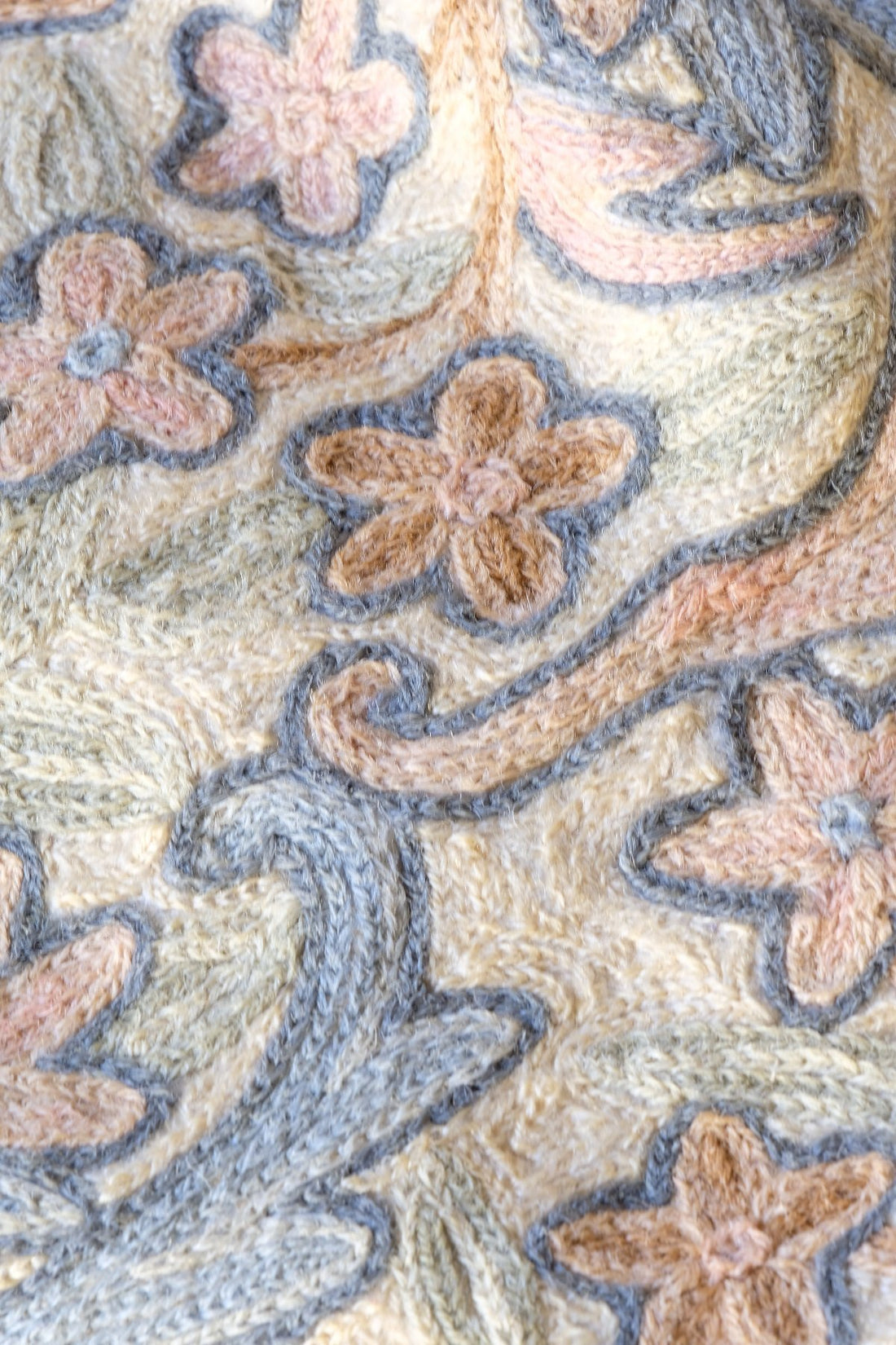 close up of the chain stitching on a William Morris inspired Arts and Crafts chain stitch tapestry wall hanging textile panel