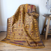 Antique Anatolian kilim rug with saffron ground and geometric motifs