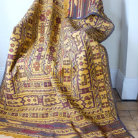 Antique Anatolian kilim rug with saffron ground and geometric motifs