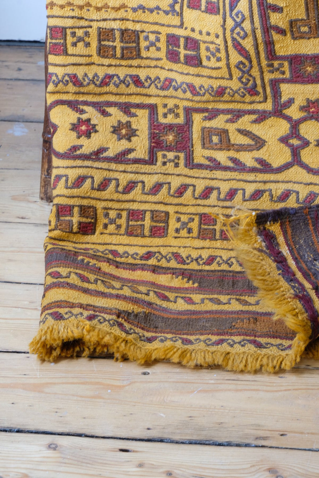 Rug Fringes - Antique Anatolian kilim rug with saffron ground and geometric motifs