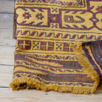 Rug Fringes - Antique Anatolian kilim rug with saffron ground and geometric motifs