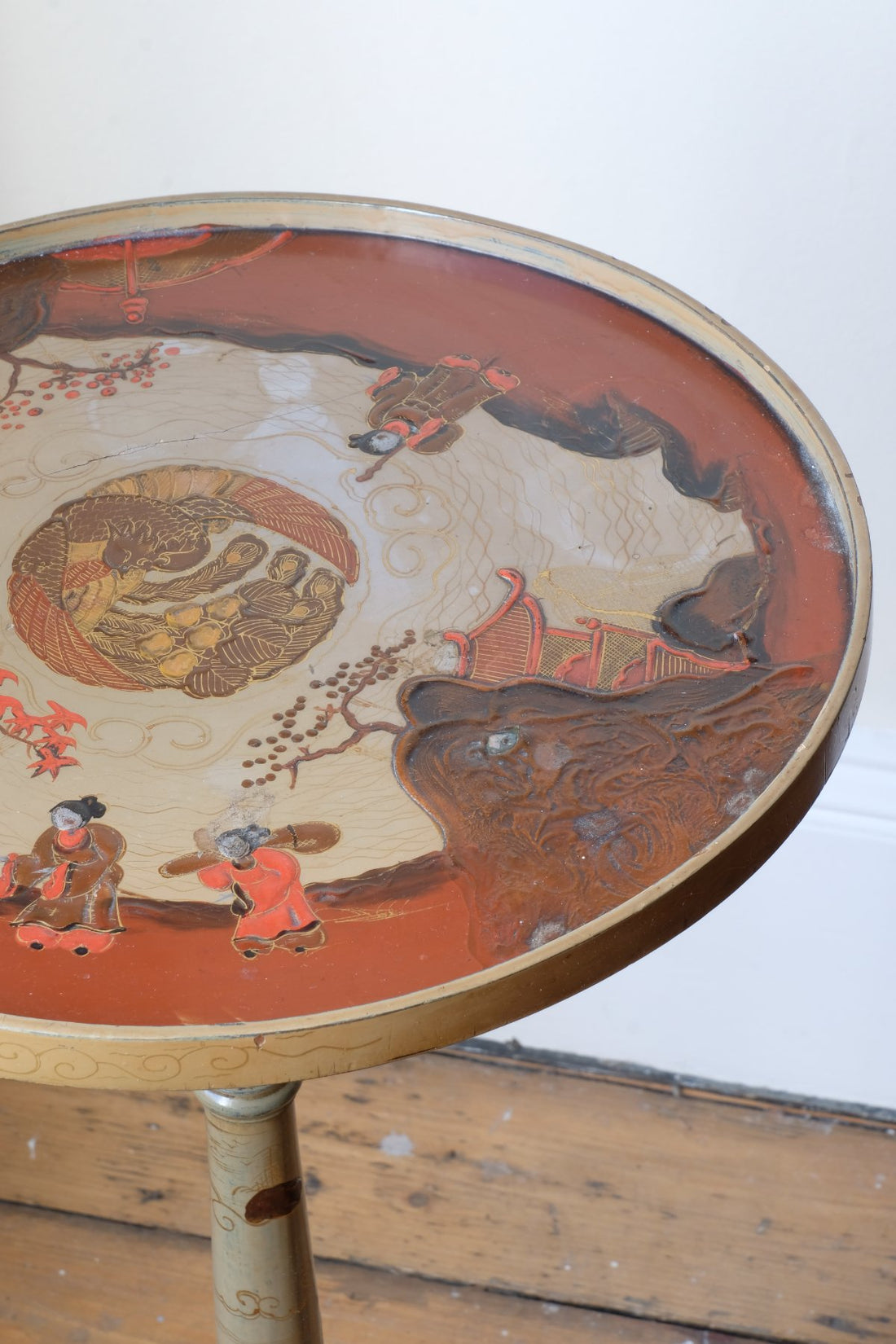 Pair of antique chinoiserie lacquered pedestal side tables with hand painted oriental scenes and gilt detailing