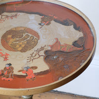 Pair of antique chinoiserie lacquered pedestal side tables with hand painted oriental scenes and gilt detailing