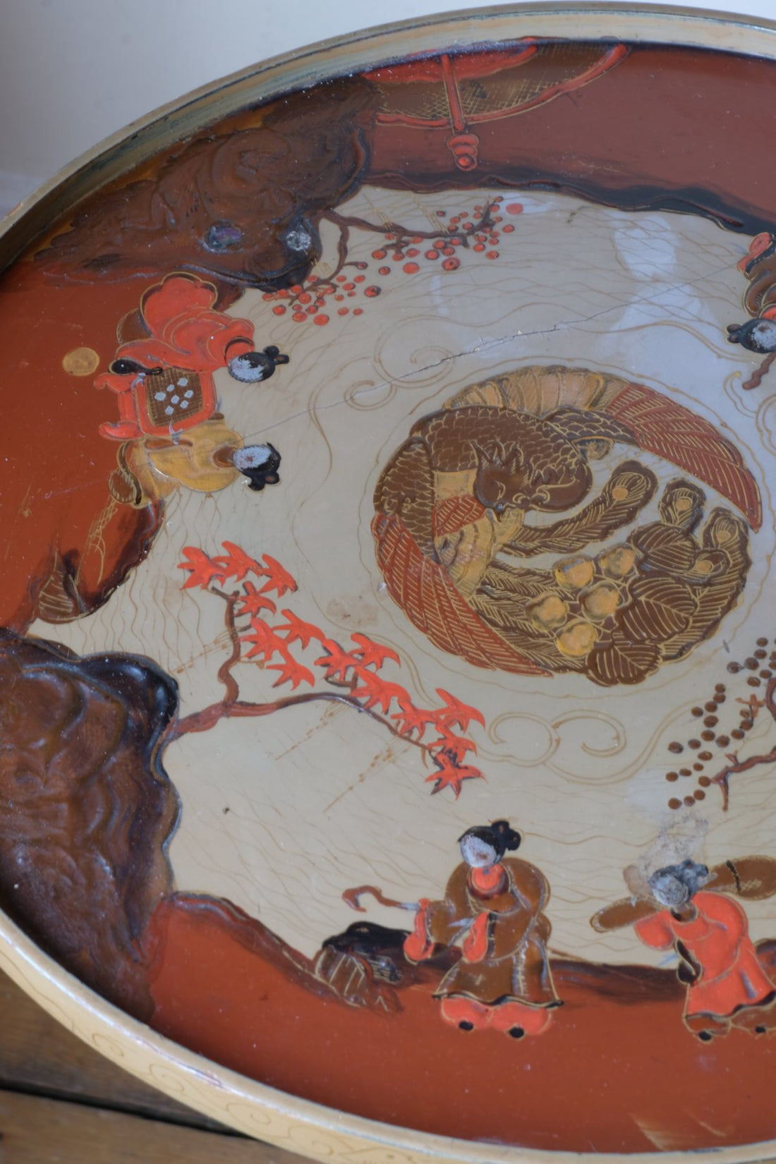 Pair of antique chinoiserie lacquered pedestal side tables with hand painted oriental scenes and gilt detailing