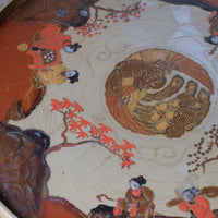 Pair of antique chinoiserie lacquered pedestal side tables with hand painted oriental scenes and gilt detailing