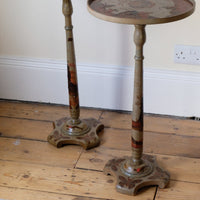 Pair of antique chinoiserie lacquered pedestal side tables with hand painted oriental scenes and gilt detailing