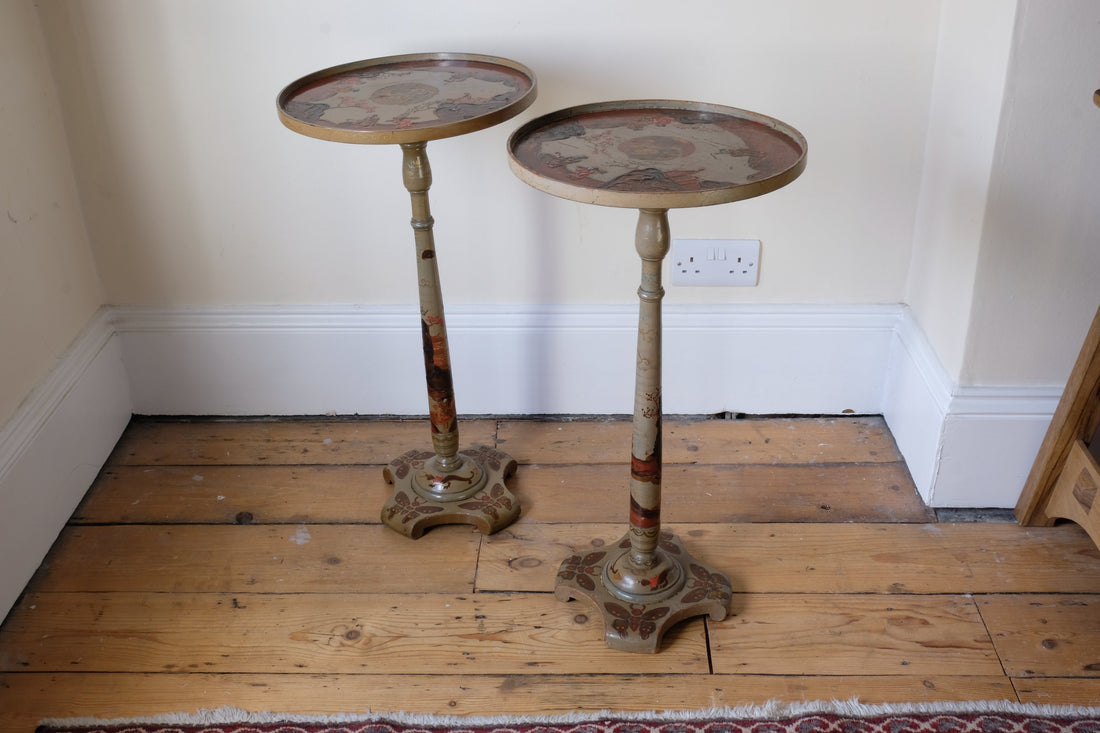 Pair of antique chinoiserie lacquered pedestal side tables with hand painted oriental scenes and gilt detailing