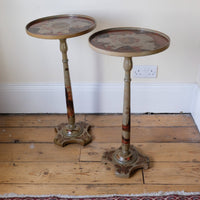 Pair of antique chinoiserie lacquered pedestal side tables with hand painted oriental scenes and gilt detailing