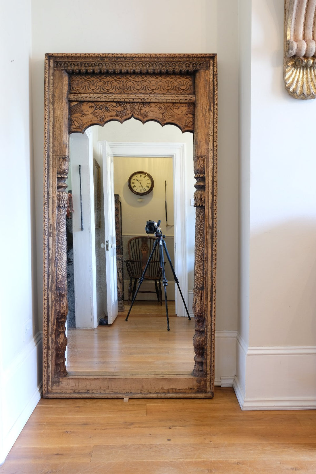 large antique Indian carved hardwood mirror with Indo-Islamic Moorish arch detail