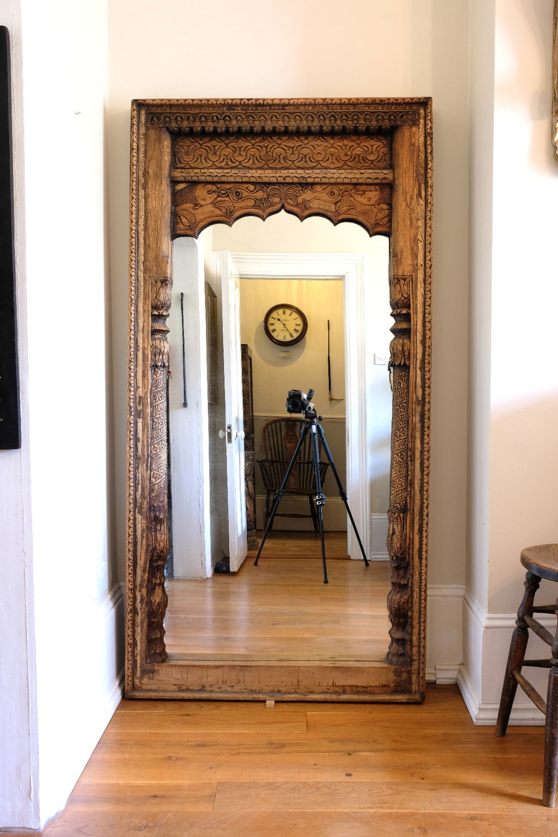 large antique Indian carved hardwood mirror with Indo-Islamic Moorish arch detail