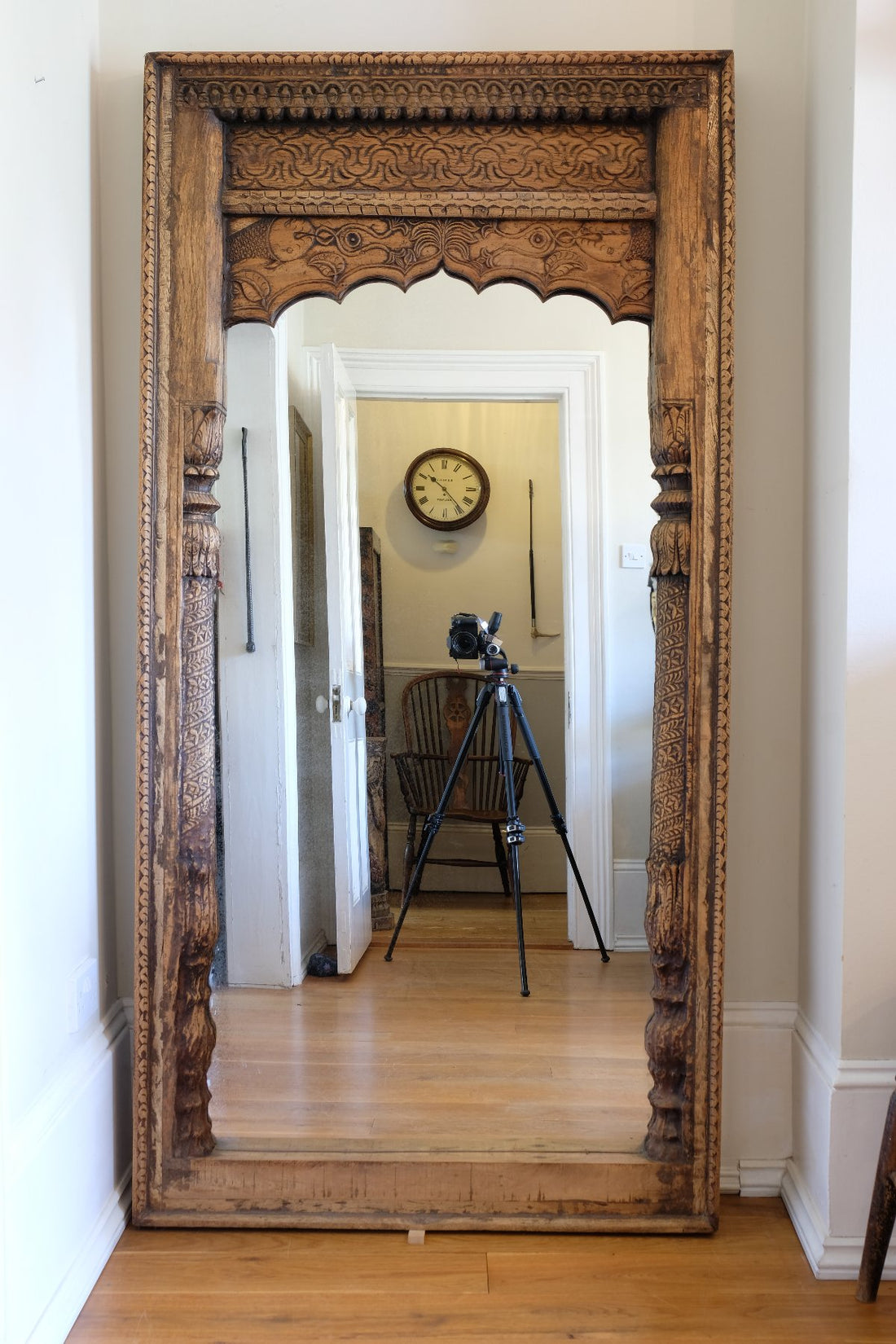large antique Indian carved hardwood mirror with Indo-Islamic Moorish arch detail