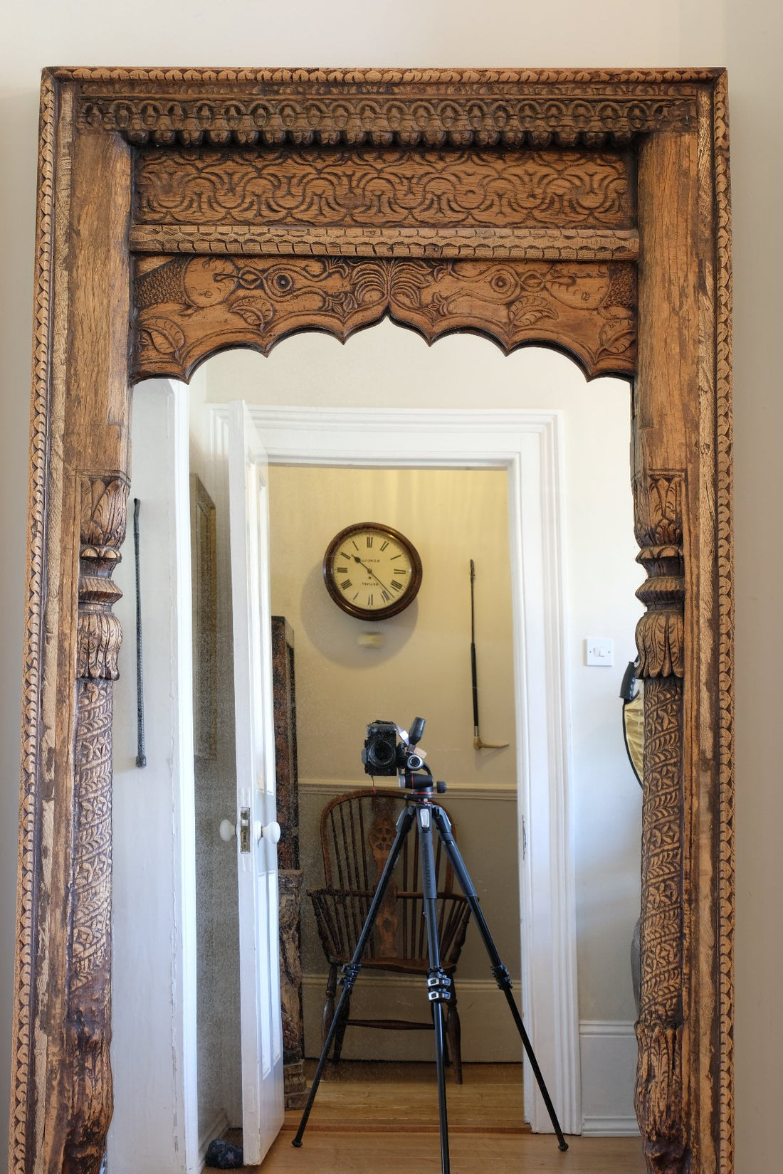 large antique Indian carved hardwood mirror with Indo-Islamic Moorish arch detail