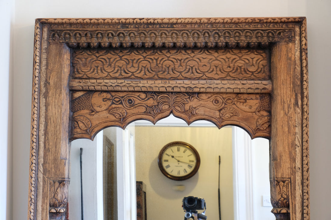 Close up of the carved detail - large antique Indian carved hardwood mirror with Indo-Islamic Moorish arch detail