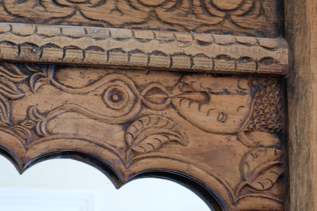 large antique Indian carved hardwood mirror with Indo-Islamic Moorish arch detail