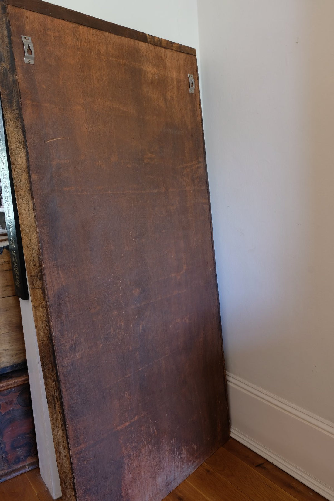 back of a large antique Indian carved hardwood mirror with Indo-Islamic Moorish arch detail