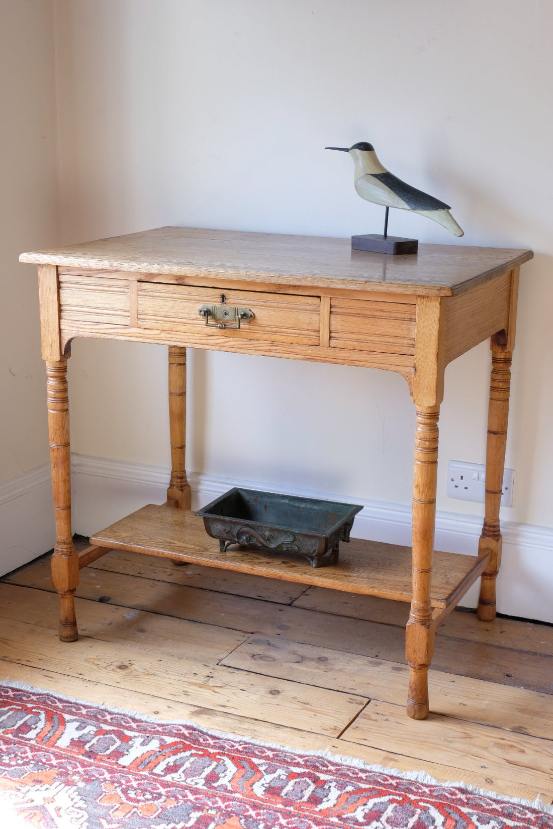 side view - Antique Victorian ash side table Harrison and Son Blackburn with drawer and pot board