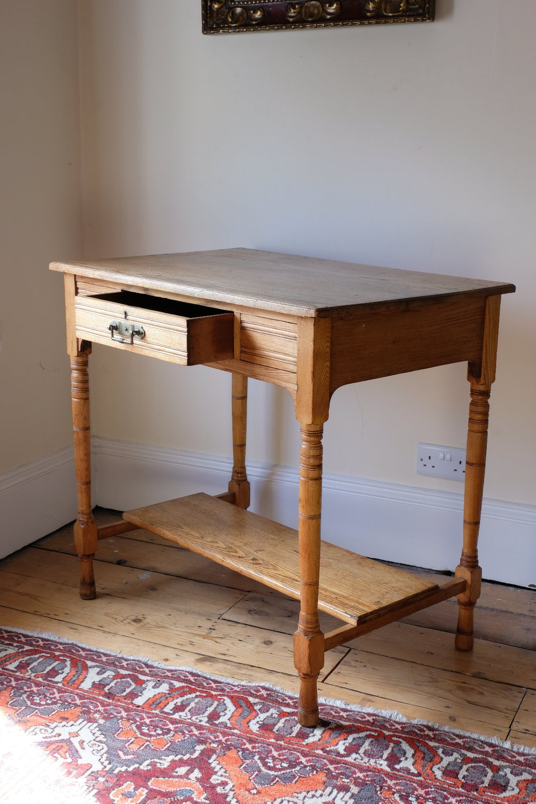 drawer open - Antique Victorian ash side table Harrison and Son Blackburn with drawer and pot board
