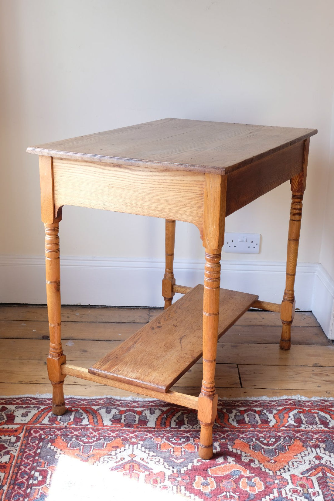 side view - Antique Victorian ash side table Harrison and Son Blackburn with drawer and pot board