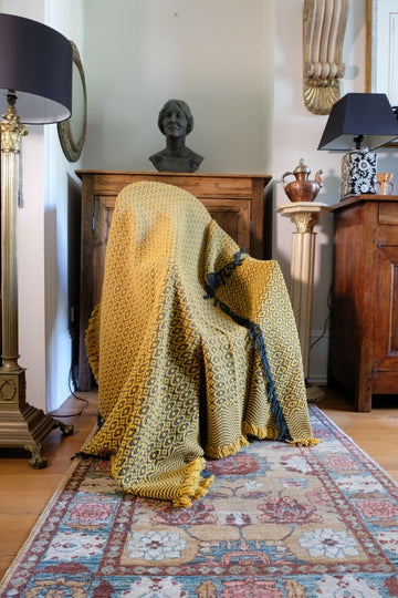 Vintage Saffron & Black Patterned Woollen Blanket Circa 1950s