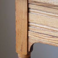 Leg and drawer panel detail on an Antique Victorian ash side table Harrison and Son Blackburn with drawer and pot board