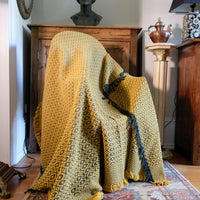 Vintage Saffron & Black Patterned Woollen Blanket Circa 1950s