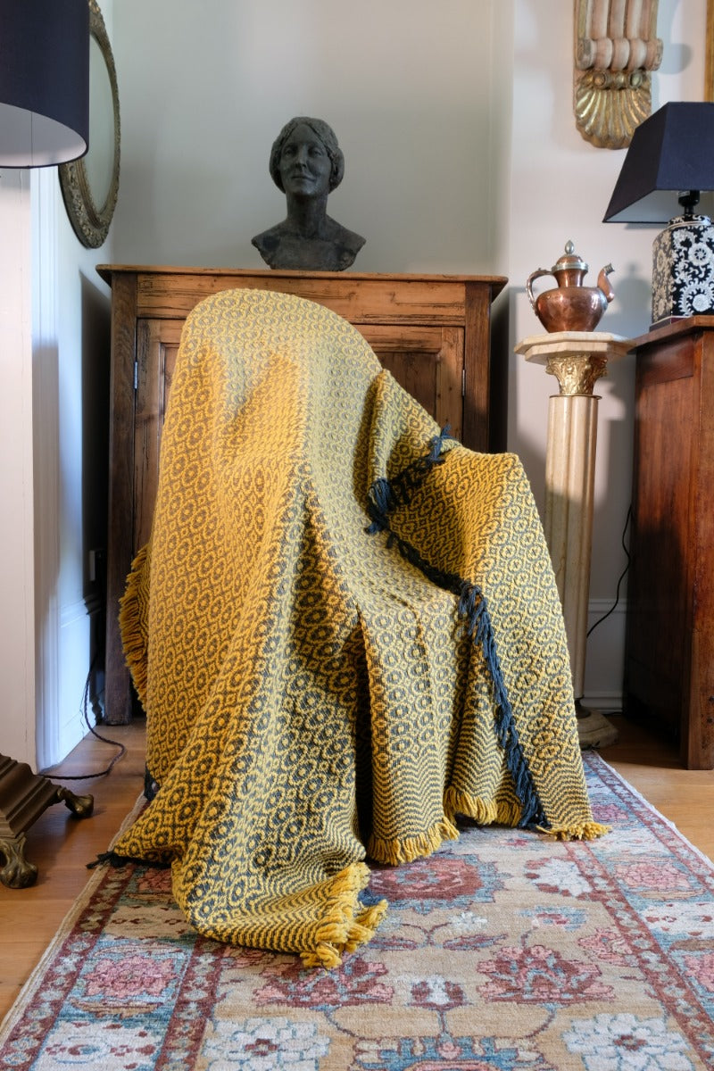 Vintage Saffron & Black Patterned Woollen Blanket Circa 1950s