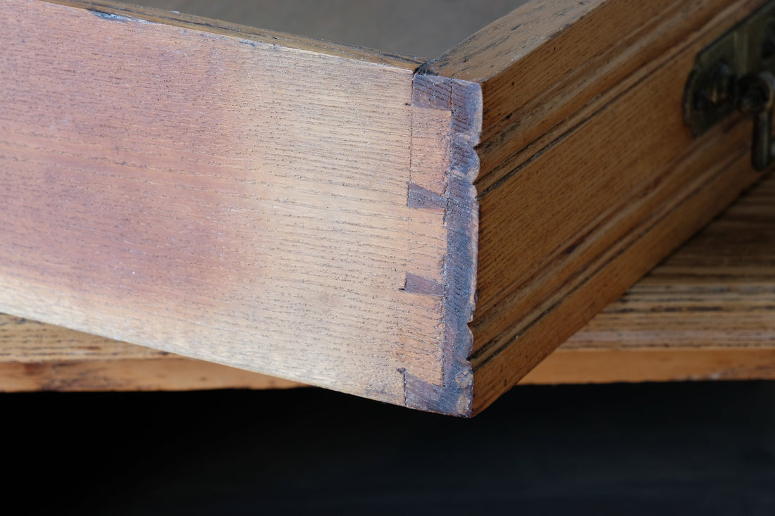 dovetail detai on an Antique Victorian ash side table Harrison and Son Blackburn with drawer and pot board