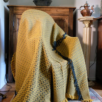 Vintage Saffron & Black Patterned Woollen Blanket Circa 1950s