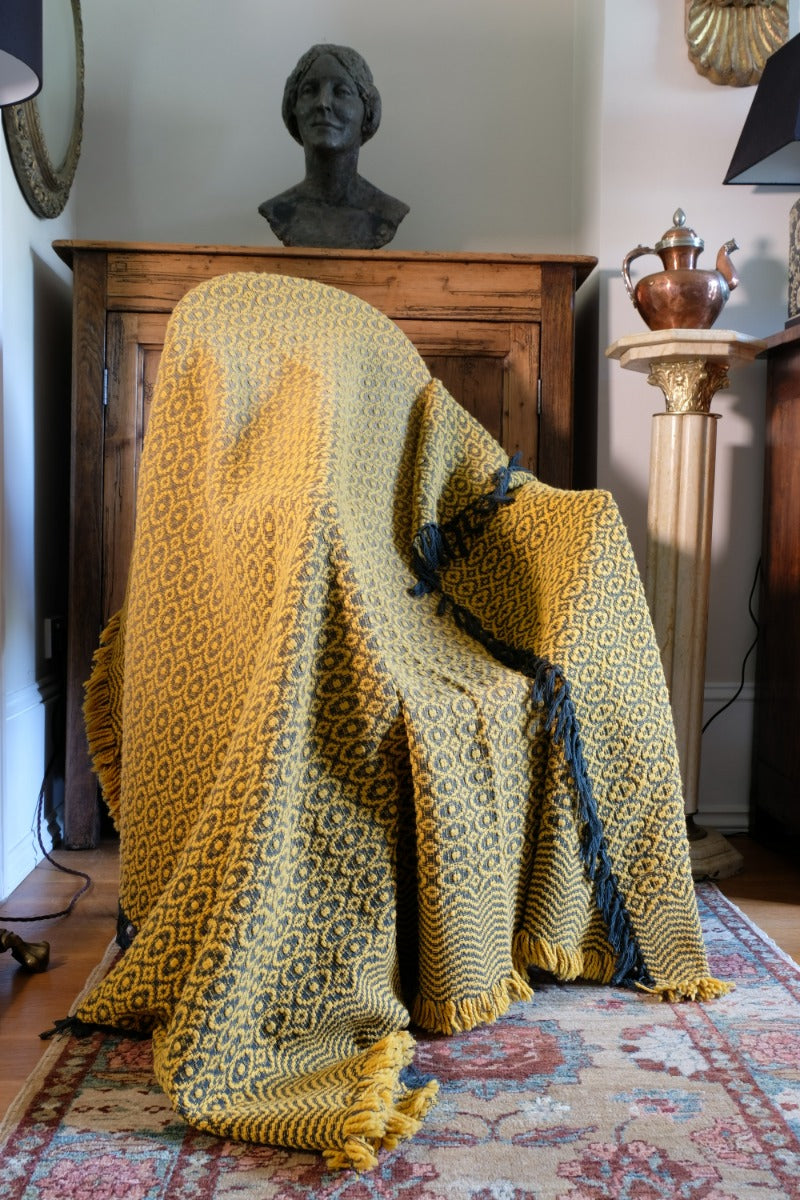 Vintage Saffron & Black Patterned Woollen Blanket Circa 1950s