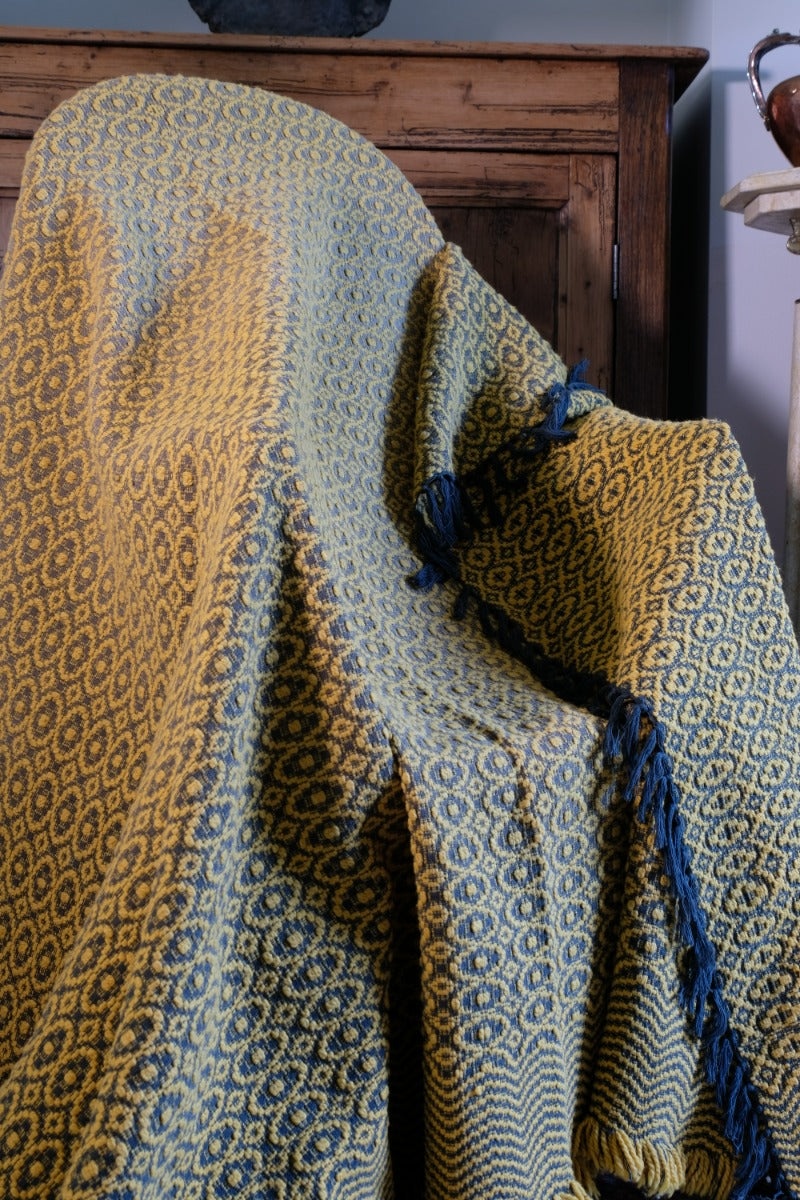 Vintage Saffron & Black Patterned Woollen Blanket Circa 1950s