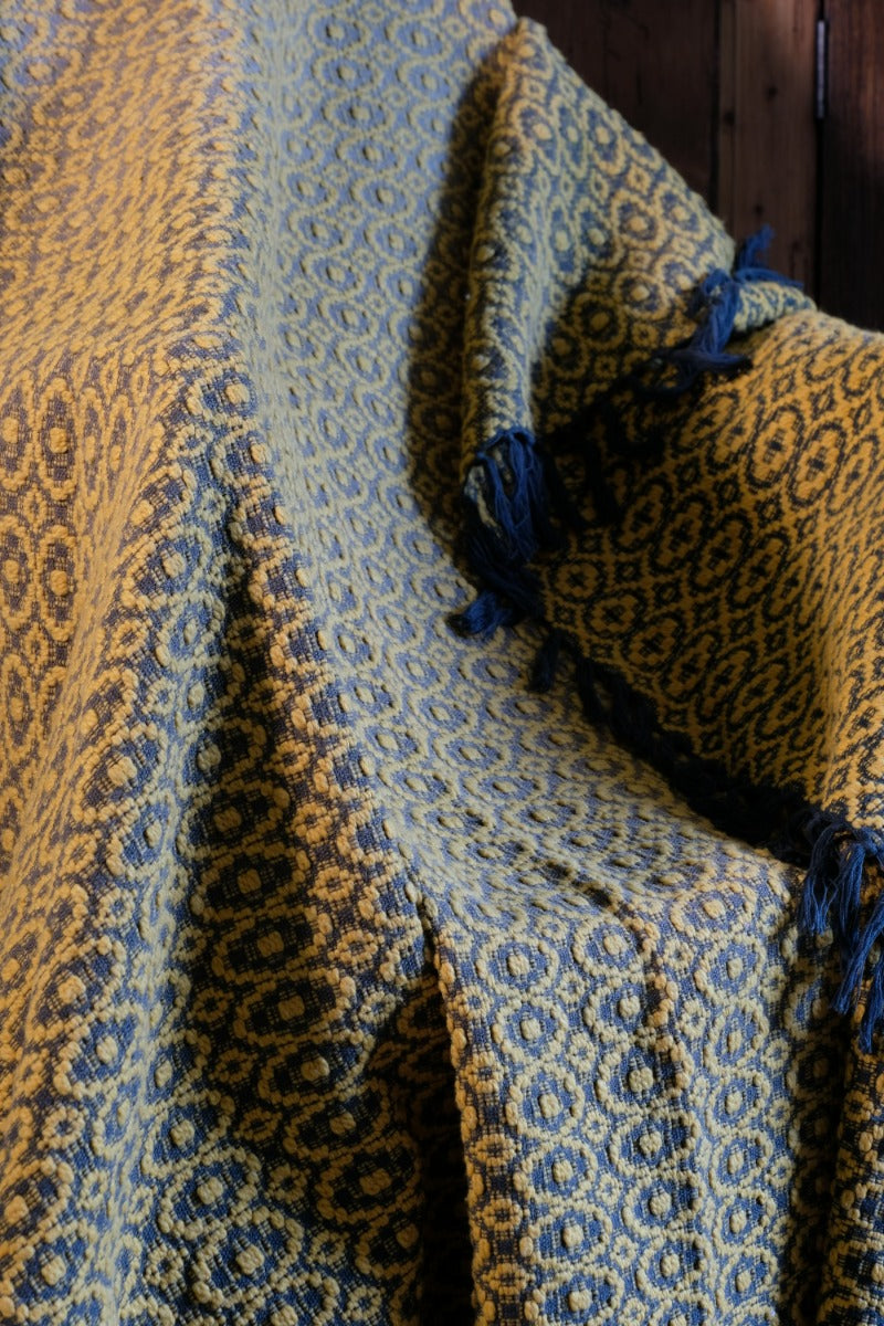 Vintage Saffron & Black Patterned Woollen Blanket Circa 1950s