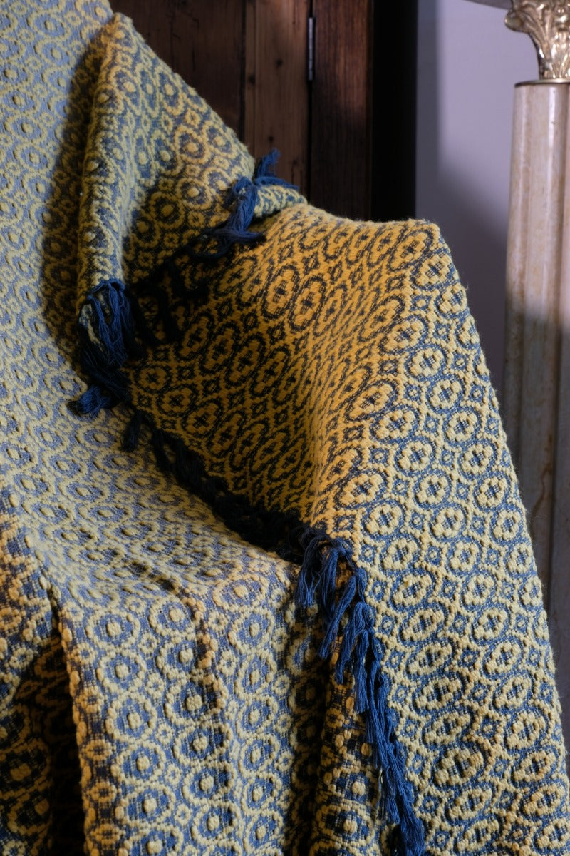 Vintage Saffron & Black Patterned Woollen Blanket Circa 1950s