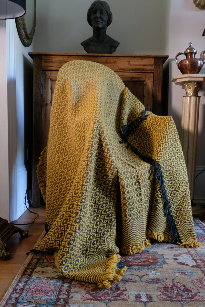 Vintage Saffron & Black Patterned Woollen Blanket Circa 1950s