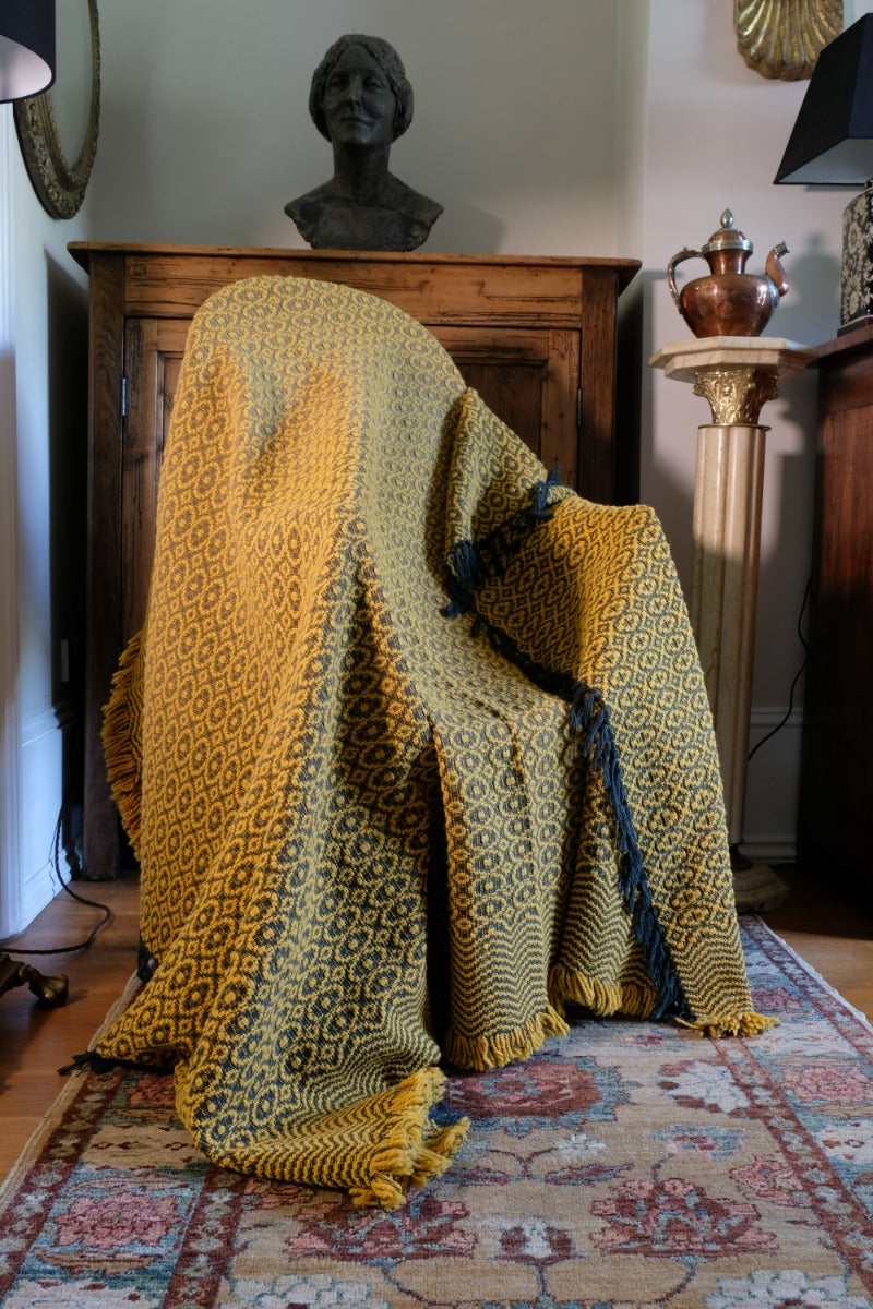 Vintage Saffron & Black Patterned Woollen Blanket Circa 1950s