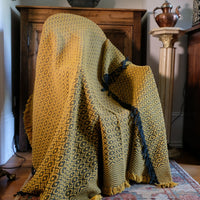 Vintage Saffron & Black Patterned Woollen Blanket Circa 1950s