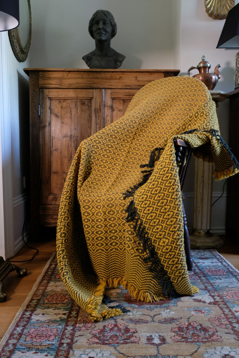 Vintage Saffron & Black Patterned Woollen Blanket Circa 1950s