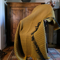 Vintage Saffron & Black Patterned Woollen Blanket Circa 1950s