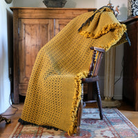 Vintage Saffron & Black Patterned Woollen Blanket Circa 1950s