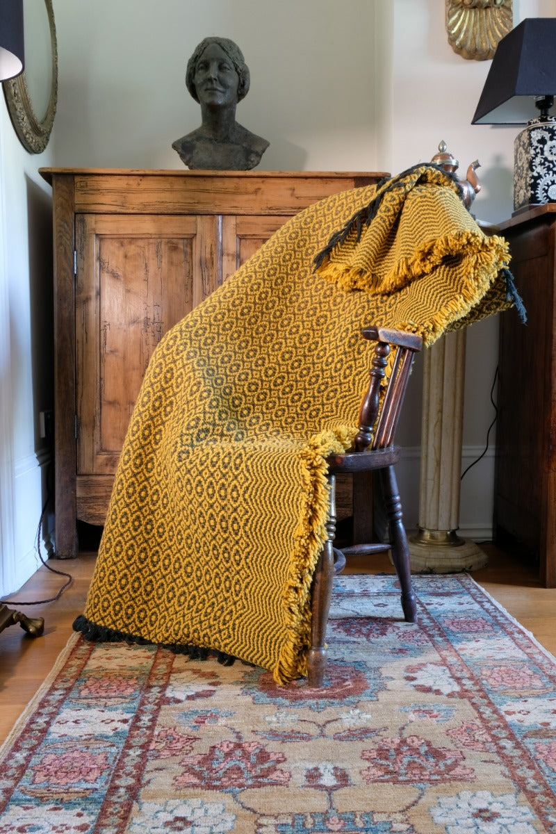 Vintage Saffron & Black Patterned Woollen Blanket Circa 1950s