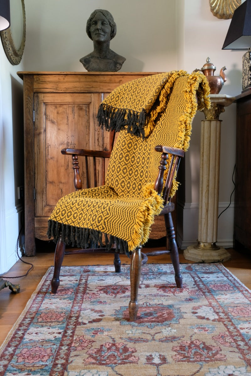 Vintage Saffron & Black Patterned Woollen Blanket Circa 1950s