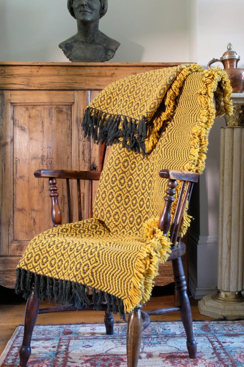 Vintage Saffron & Black Patterned Woollen Blanket Circa 1950s