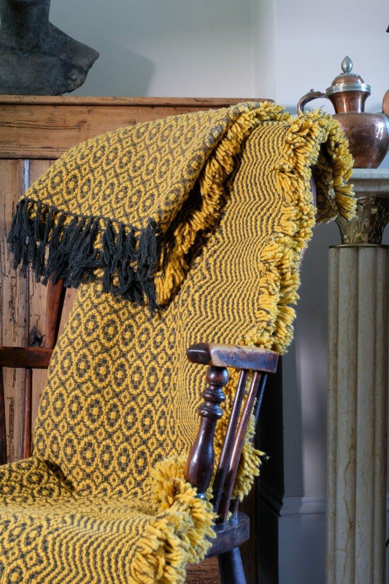 Vintage Saffron & Black Patterned Woollen Blanket Circa 1950s