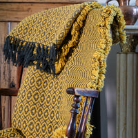 Vintage Saffron & Black Patterned Woollen Blanket Circa 1950s