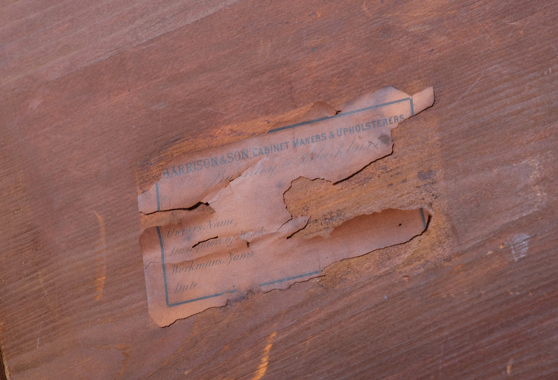 Makers label on an Antique Victorian ash side table Harrison and Son Blackburn with drawer and pot board