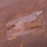 Makers label on an Antique Victorian ash side table Harrison and Son Blackburn with drawer and pot board